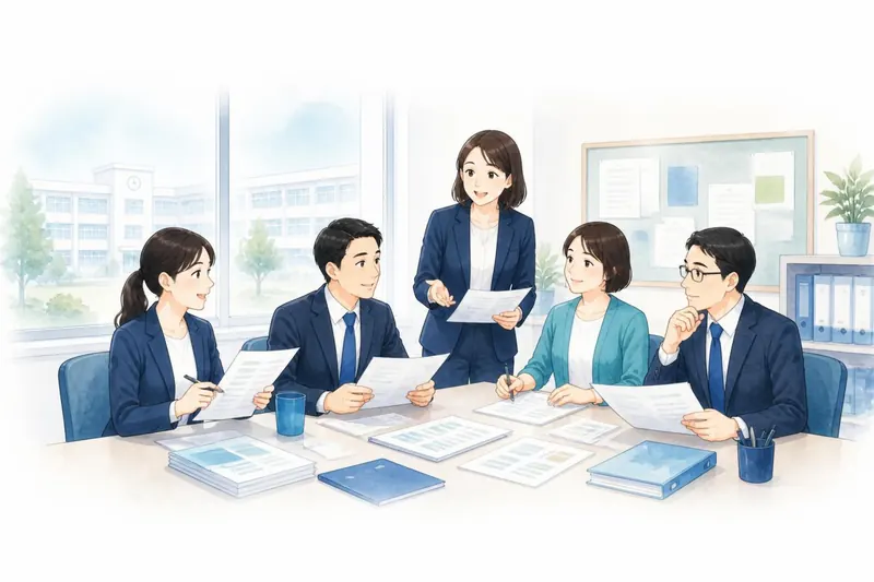 校舎を望む職員室で書類を確認する教育グループの職員のイラスト