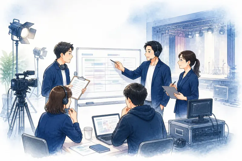 撮影機材とステージを背にスケジュールを打ち合わせるエンタメ・芸能関連会社のイラスト