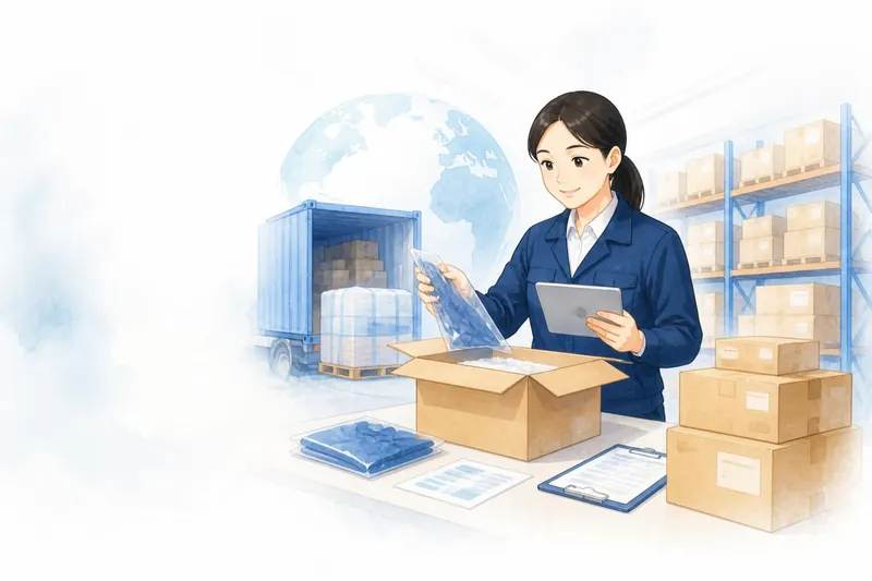 コンテナから届いた商品を倉庫で検品する輸入販売会社のイラスト