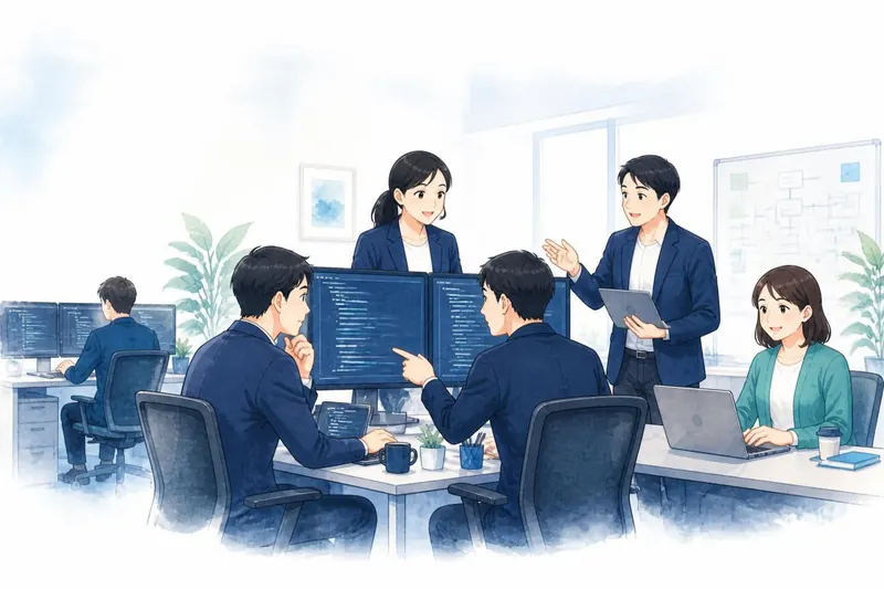 複数のモニターでコードを確認するシステム開発会社のオフィスのイラスト