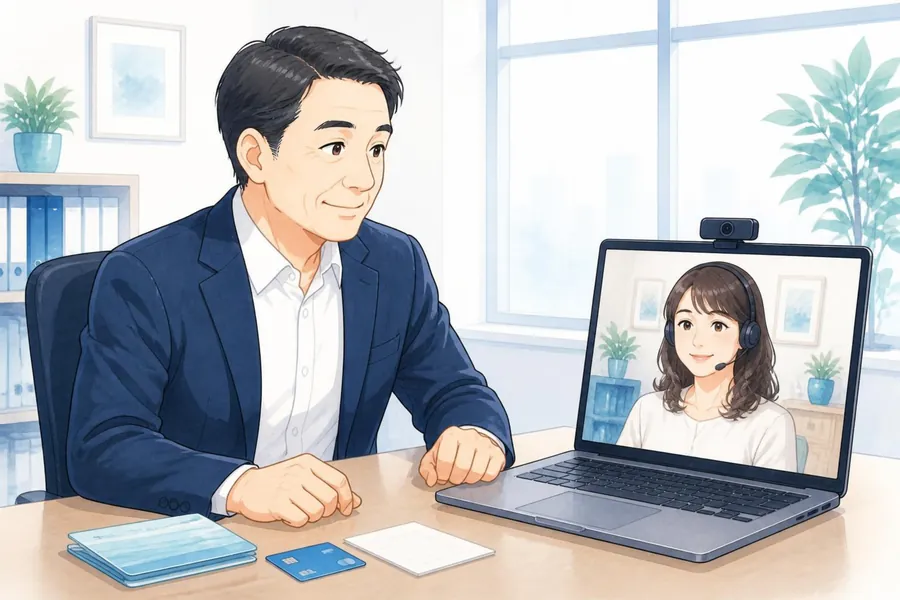 オンラインの業務ヒアリングの様子。社長がノートPC越しに経理コンシェルジュの担当者と話している。机には通帳・クレジットカード・メモが置かれている