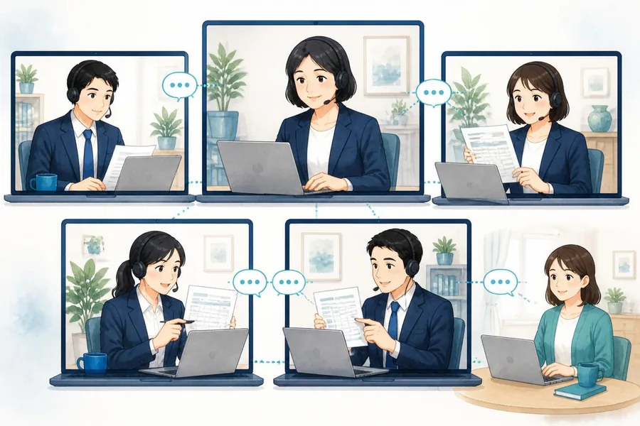 完全リモートで働く経理の固定チーム5名のイラスト。中央のリーダーと実務担当3名がチャットでつながり、うち2名は同じ書類を見比べてダブルチェックしている。控えのメンバー1名も同じ画面を見て待機している