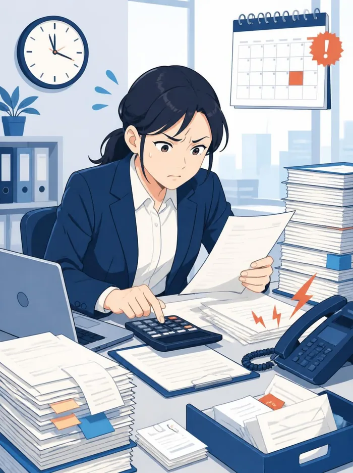 書類に囲まれ、電卓を打ちながら締切に追われる経理担当者のイラスト