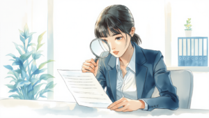 椅子に座り、手に持った白い書類を虫眼鏡でのぞき込む経理担当の女性
