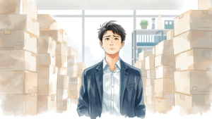 積み上がった段ボール箱の間に立ち、困った表情で見上げる経理担当の男性